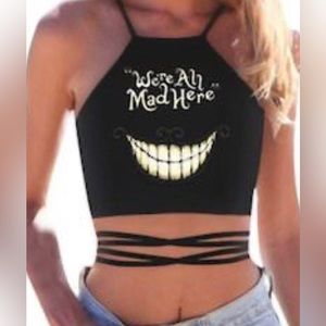 We’re all mad here black halter crop top